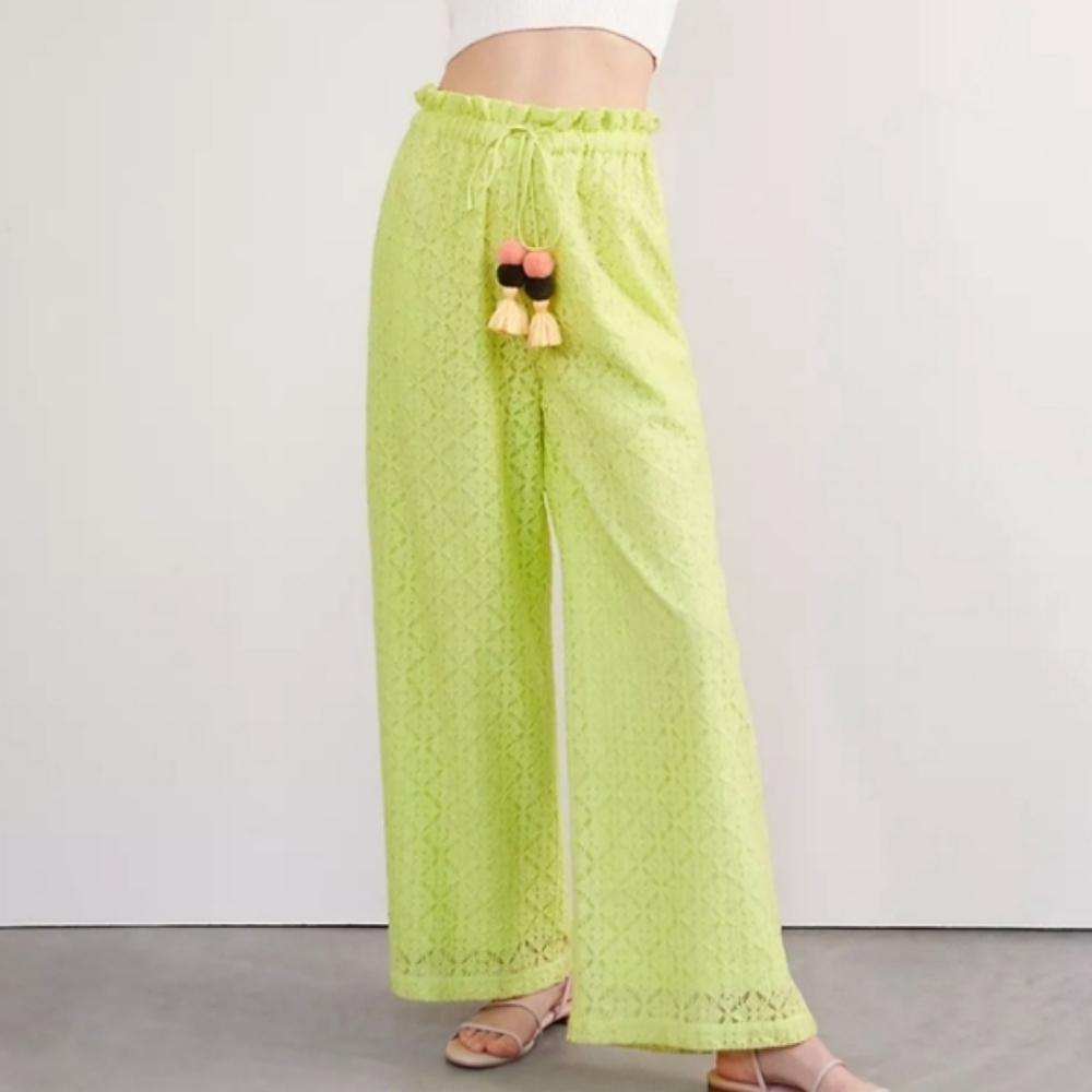 Ollari NY Lacy High Rise Lace Overlay Wide Leg Pants